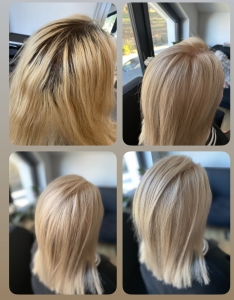 Wykonany odrost, tonowanie długości włosów oraz strzyżenie.